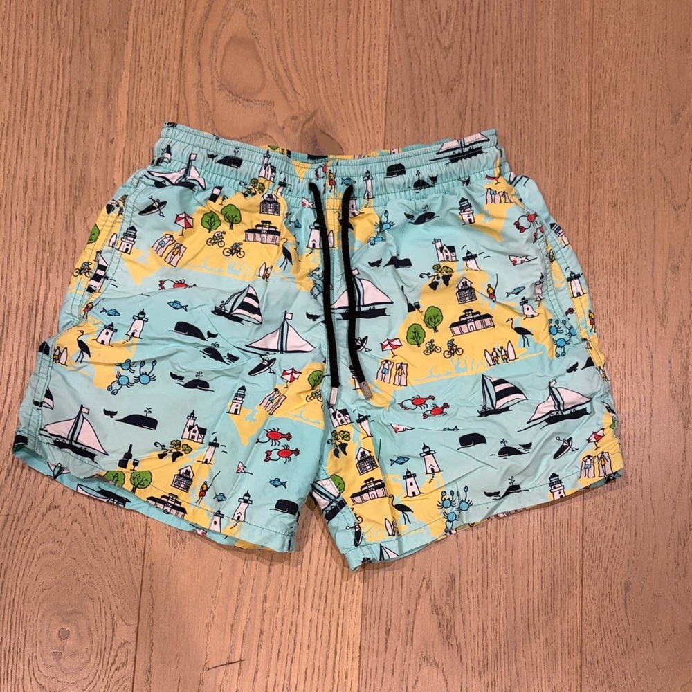 VILEBREQUIN- Light Blue & Yellow Nautical Print Swim Trunks